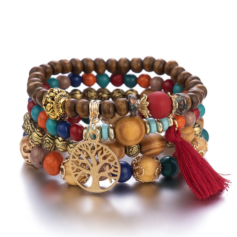 Olivenorma Bohemia Tree Of Life Beaded Bracelet Set (4 Pcs)