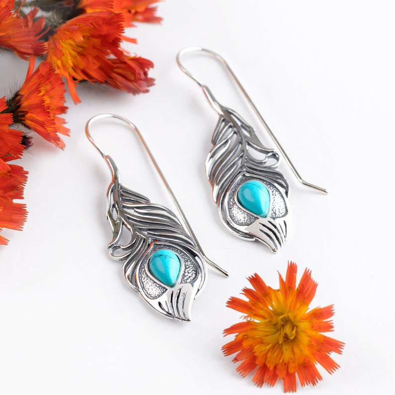 Olivenorma Vintage Turquoise Peacock Feather Cutout Bohemia Earrings