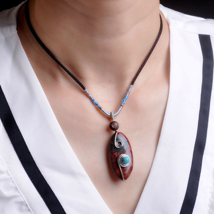 Olivenorma Natural Stone Pendant Hand Braided Rope Clavicle Necklace