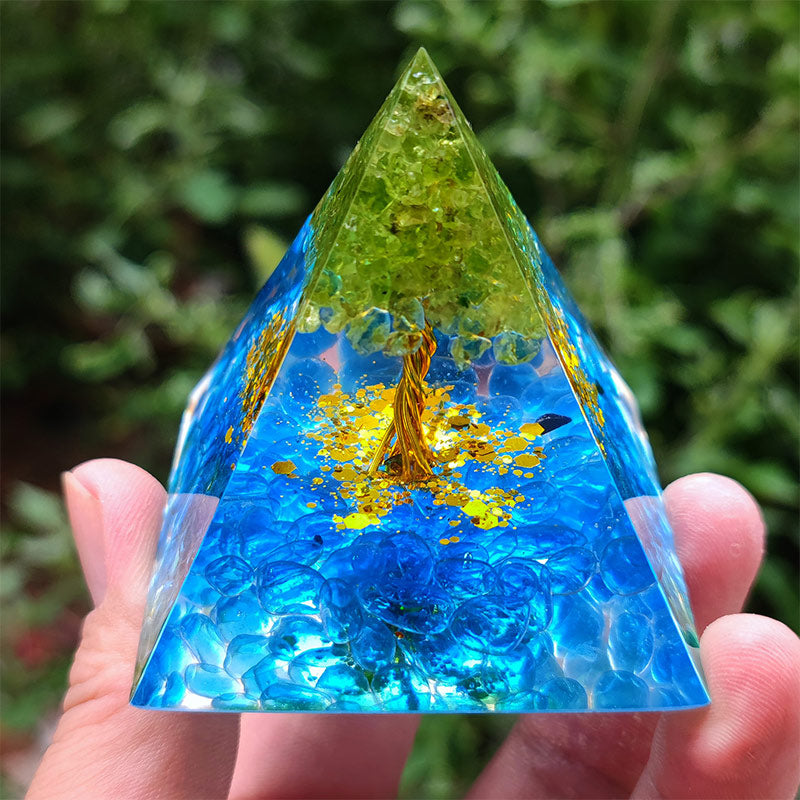 Olivenorma Kyanite with Peridot Tree Of Life Orgone Pyramid