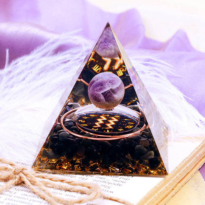 Olivenorma Amethyst Sphere With Obsidian Zodiac Aquarius Orgone Pyramid