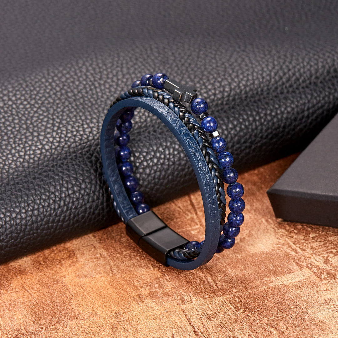 Olivenorma Natural Stone Beads Braided Leather Mens Bracelet - Lapis Lazuli - image 8