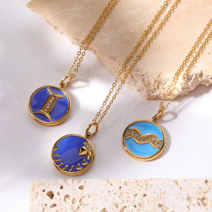 Olivenorma White Zircon Vintage Zodiac Stainless Steel 18k Necklace