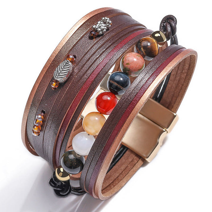 Olivenorma Natural Crystal Beaded Leather Multi-layer Bracelet