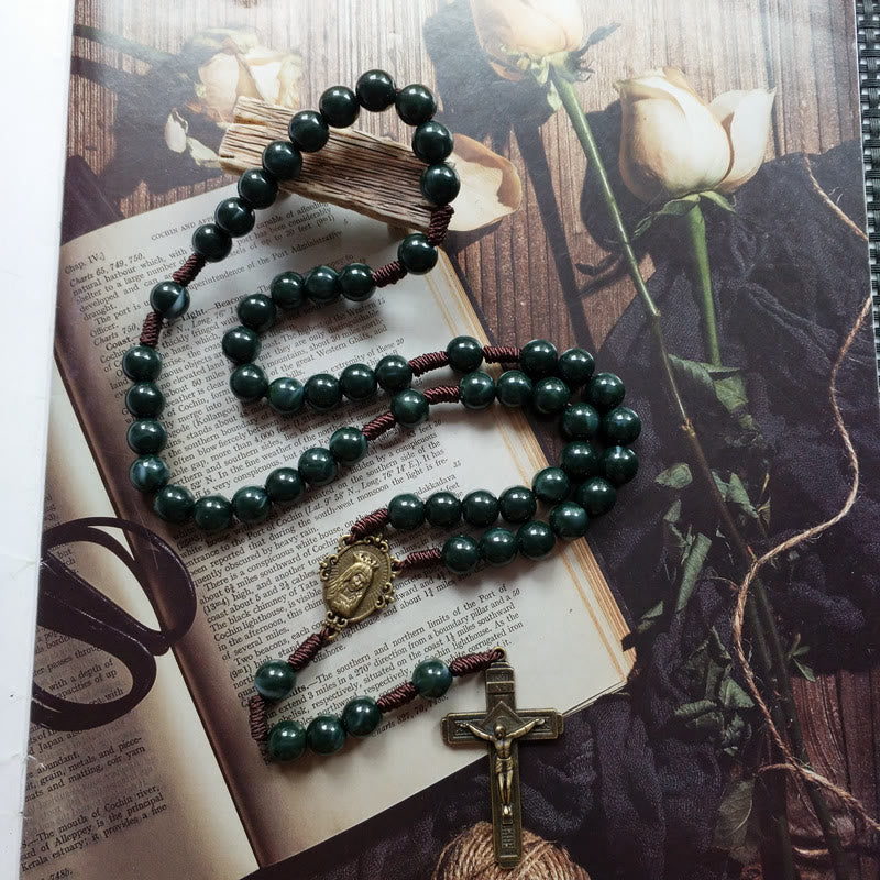 Olivenorma Moss Agate Holy Medal Cross Pendant Rosary Necklace