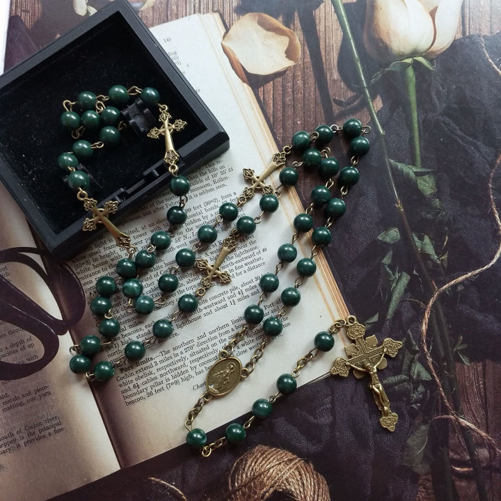 Olivenorma Malachite Copper Cross Pendant Rosary Necklace