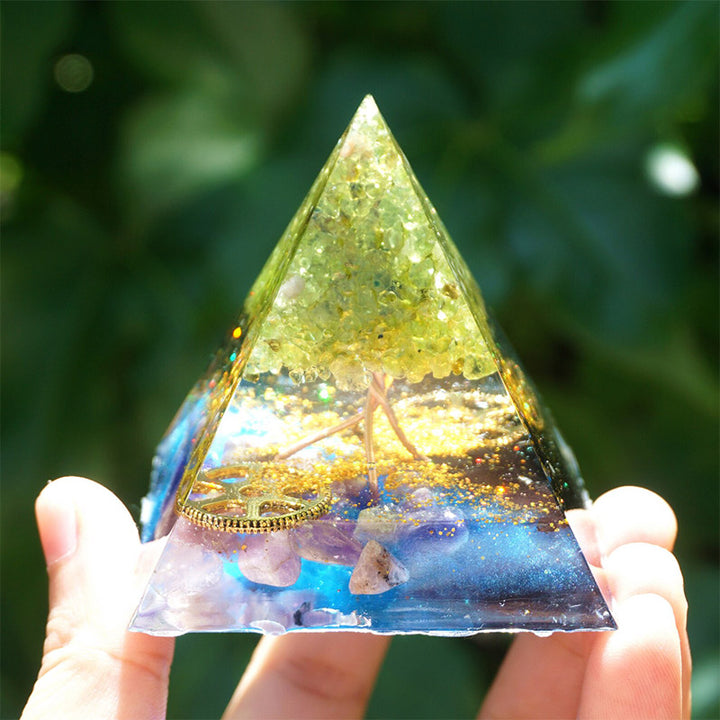 Olivenorma Peridot Amethyst With Black Tourmaline Orgone Pyramid