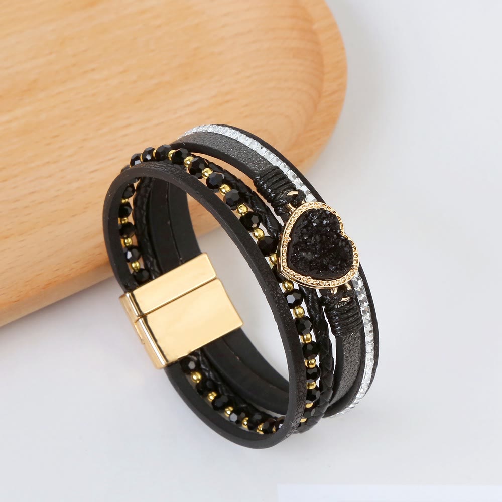 Olivenorma Heart Shape Cluster Multilayer Braided Leather Bracelet