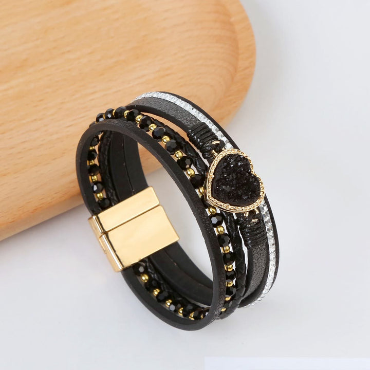 Olivenorma Heart Shape Cluster Multilayer Braided Leather Bracelet