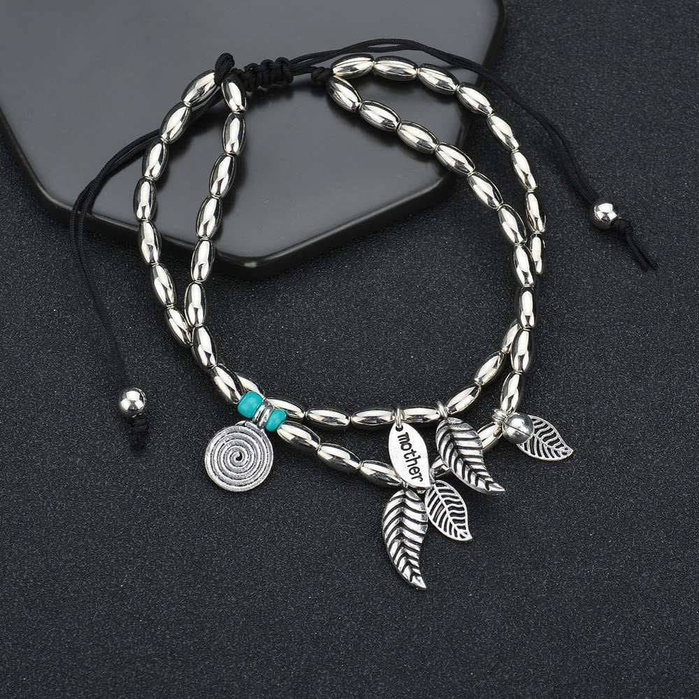 Olivenorma Turquoise Silver Color Leaf Double Layer Bracelet Anklet - image 3