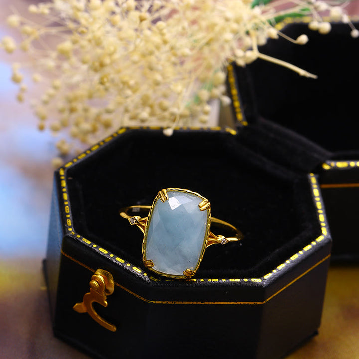 Olivenorma Large Square Aquamarine Black Onyx Vintage Ring