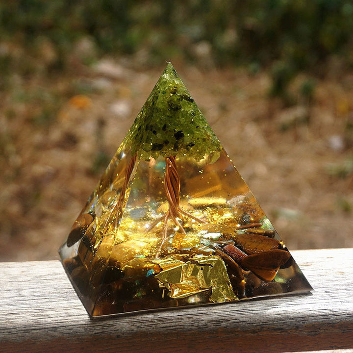 Olivenorma Tree of Life Peridot With Tiger Eye Orgone Pyramid