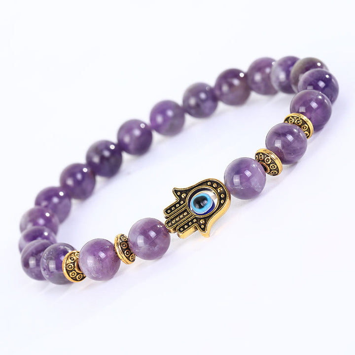 Olivenorma Natural Crystal Stone Beaded Evil Eye Hamsa Bracelet