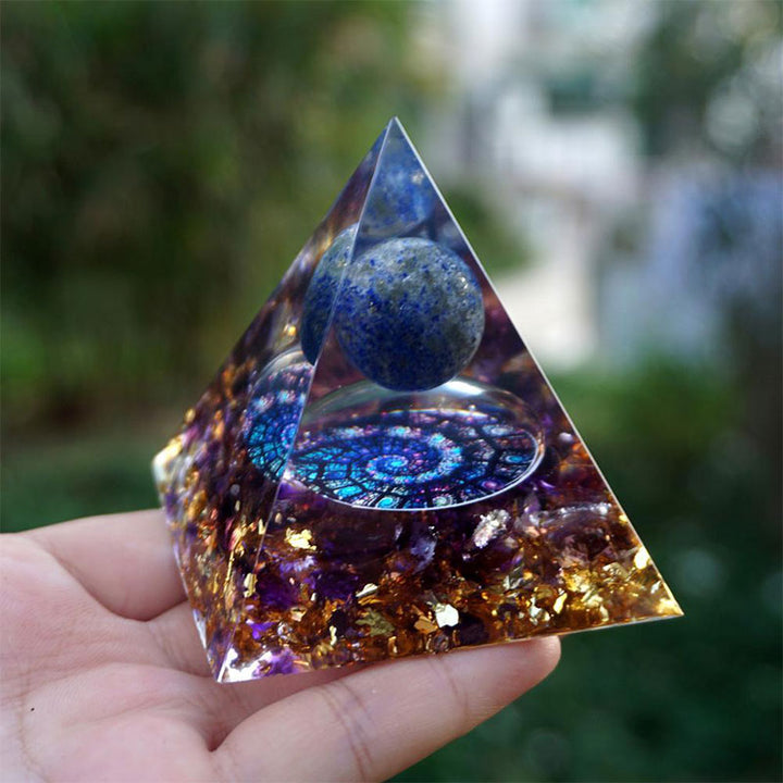 Olivenorma Lapis Lazuli Sphere with Amethyst Orgone Pyramid