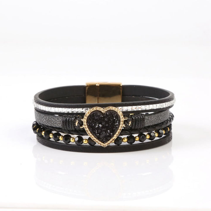 Olivenorma Heart Shape Cluster Multilayer Braided Leather Bracelet