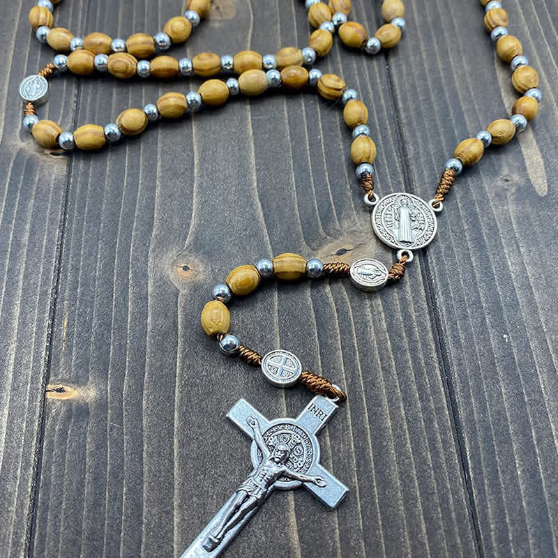 Olivenorma Knitted Cross Plain Wood Rosary Necklace