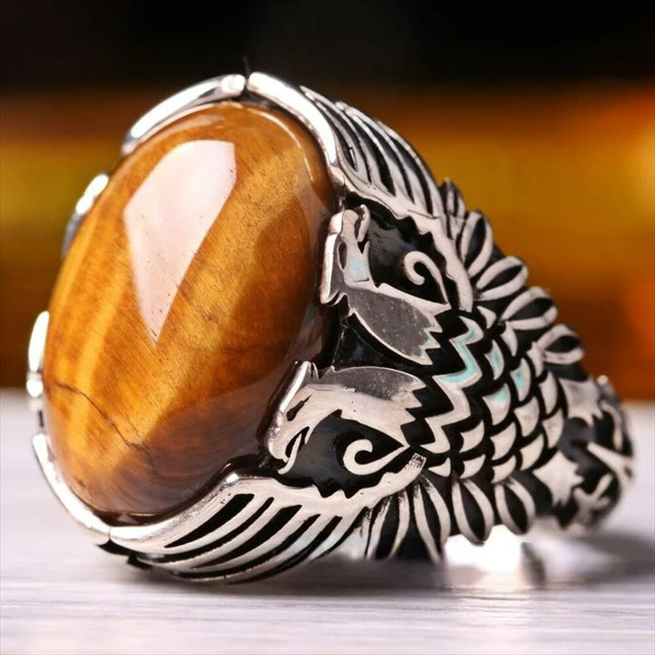 Olivenorma Tiger Eye Side Engraved Eagle Mens Ring