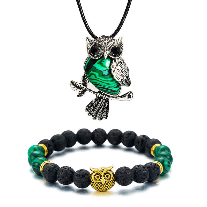 SPIRITUAL ENERGY - Owl Gemstone Necklace with Bracelet Gift Set - Malachite - Leather Chain - image 25
