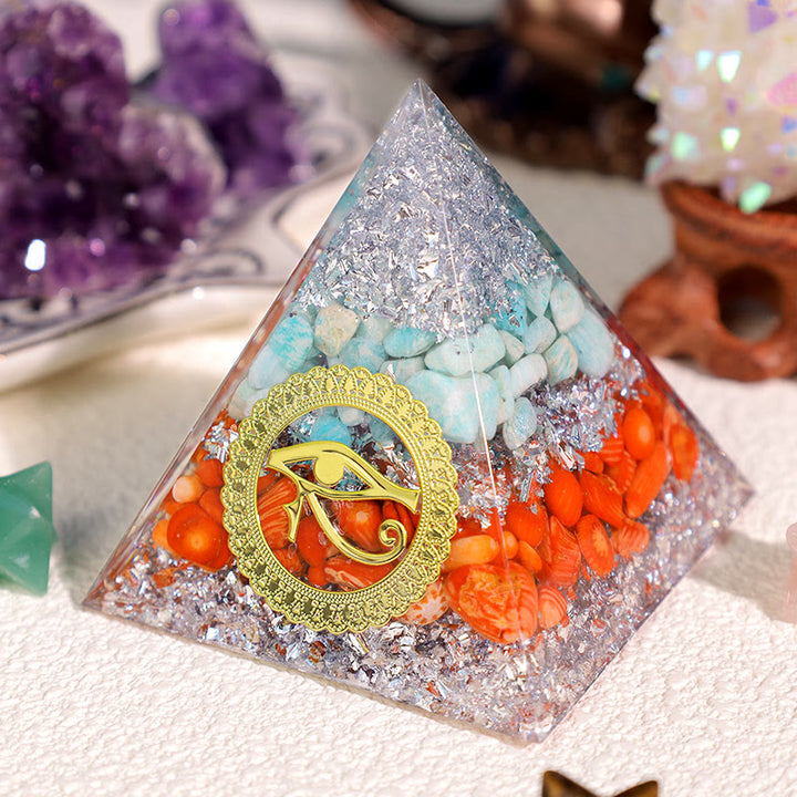 Olivenorma Amazonite Red Coral Eye Of Horus Orgone Pyramid