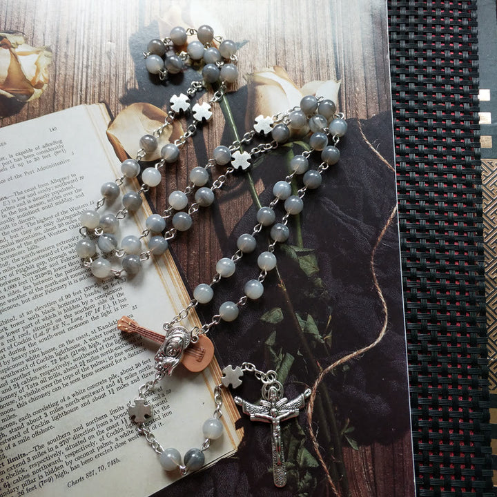 Olivenorma Gray Moonstone Jesus Cross Rosary Necklace - image 4