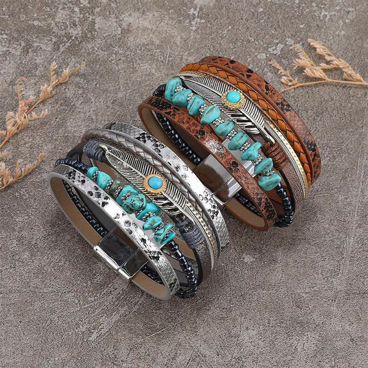 Olivenorma Brown Vintage Turquoise Multi-layer Leather Bracelet