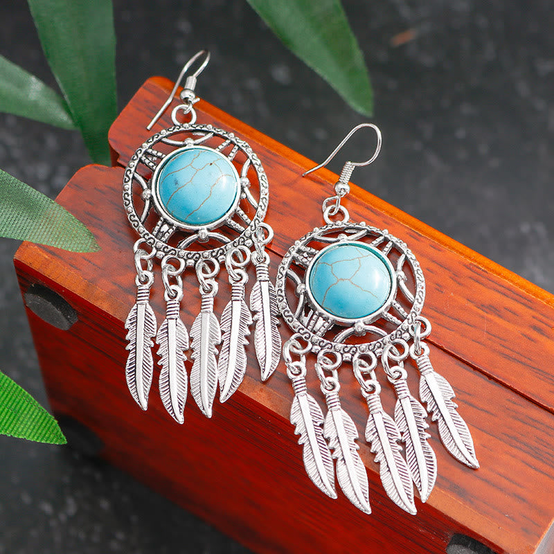 Olivenorma Turquoise Silver Feather Tassel Earrings