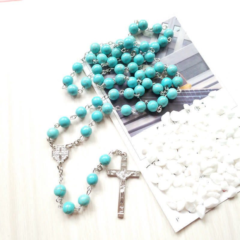 Olivenorma Turquoise Cross Charm Rosary Necklace - image 1