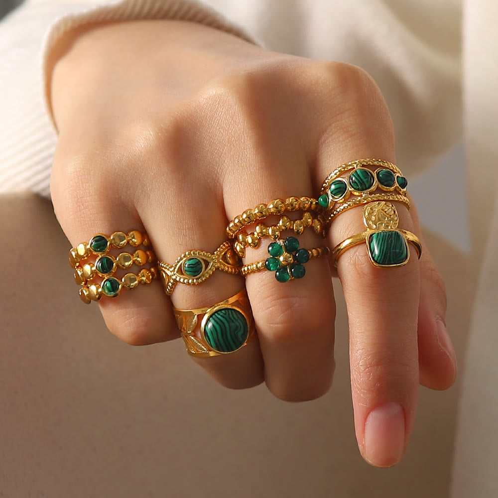 Olivenorma Gold Green Natural Malachite Open Ring Set