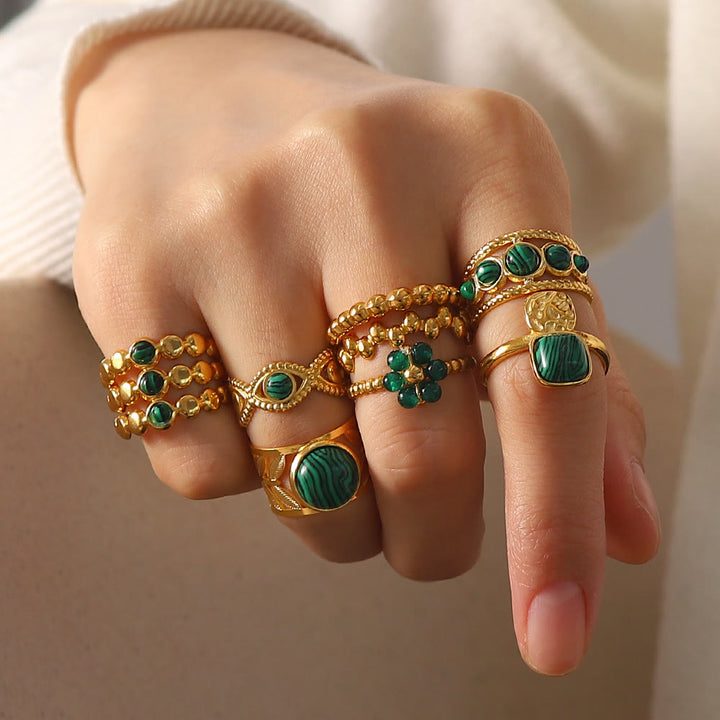 Olivenorma Gold Green Natural Malachite Open Ring Set