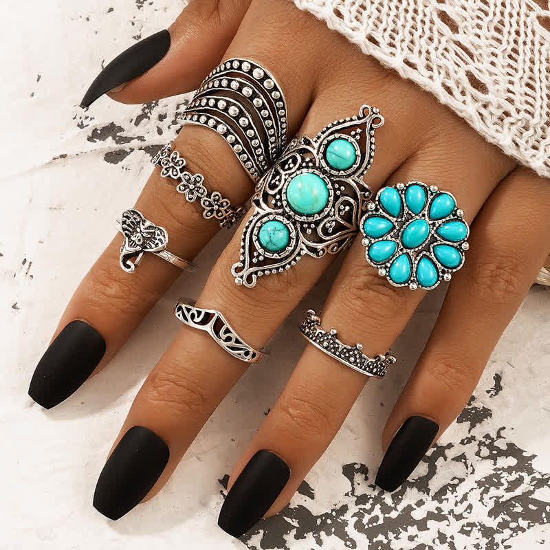 Retro Turquoise 7 - Piece Rings Set