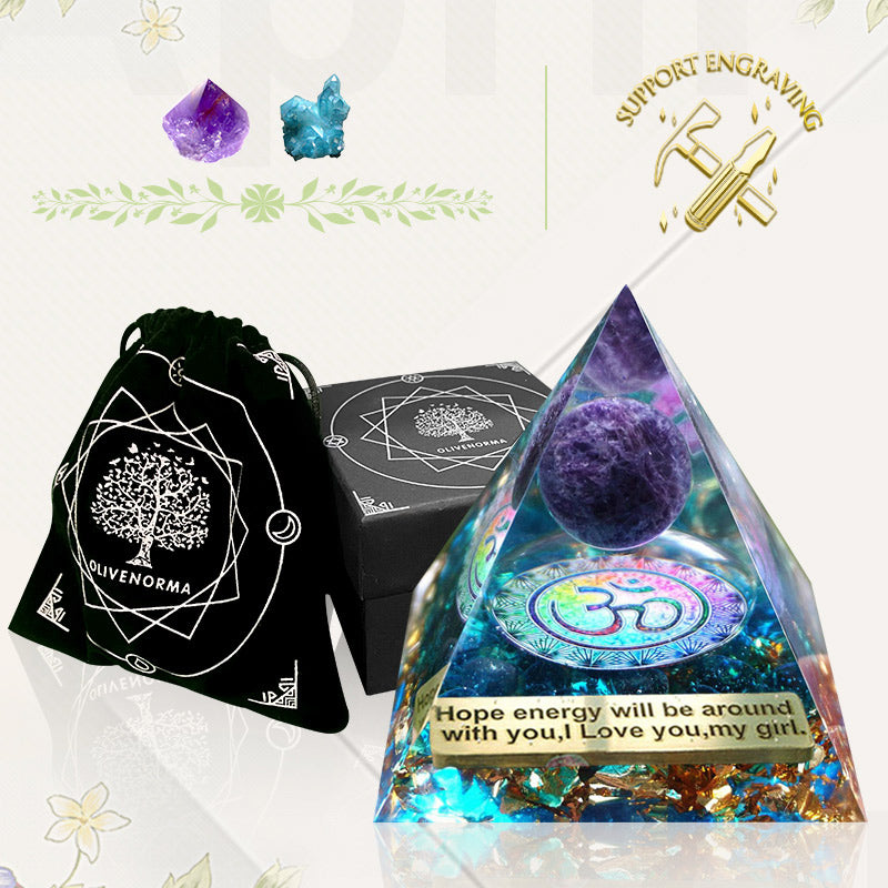 Olivenorma Blue Quartz With Amethyst Ball OM Orgone Pyramid