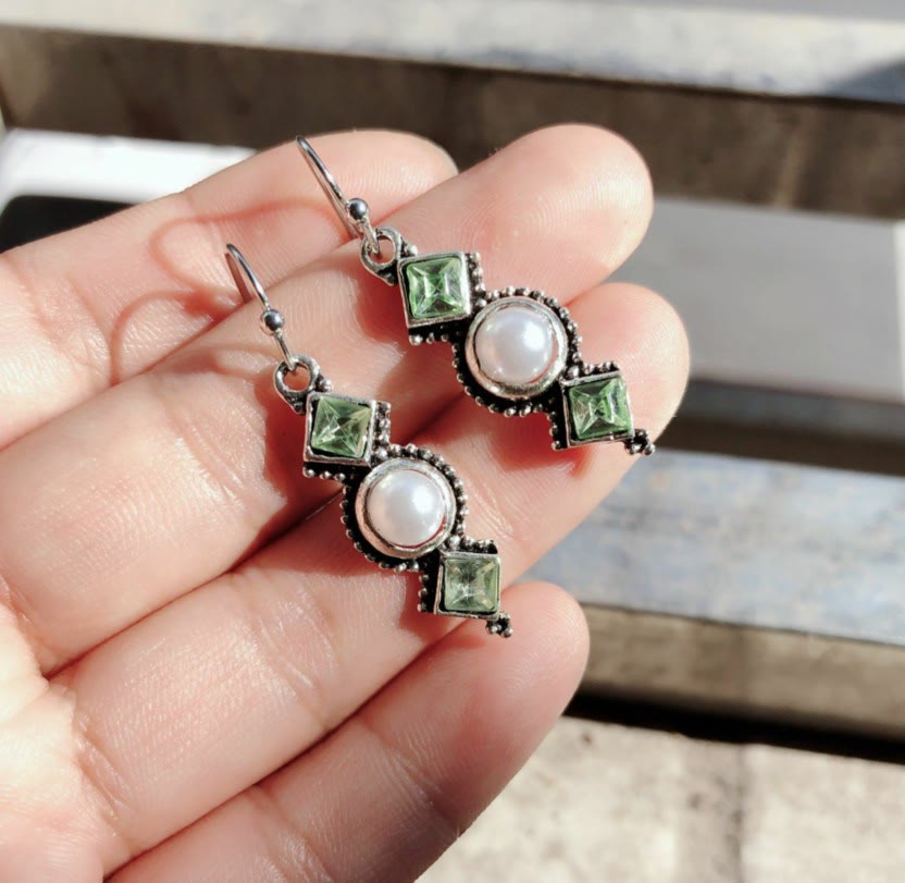 Olivenorma Vintage Thai Pearl Emerald Earrings - image 1