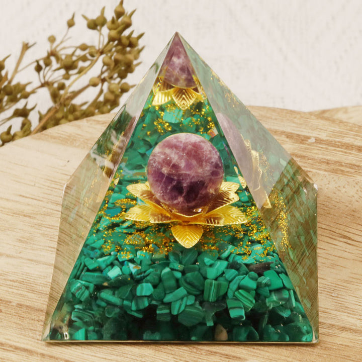 Olivenorma Amethyst Malachite Lotus Symbol Orgone Pyramid