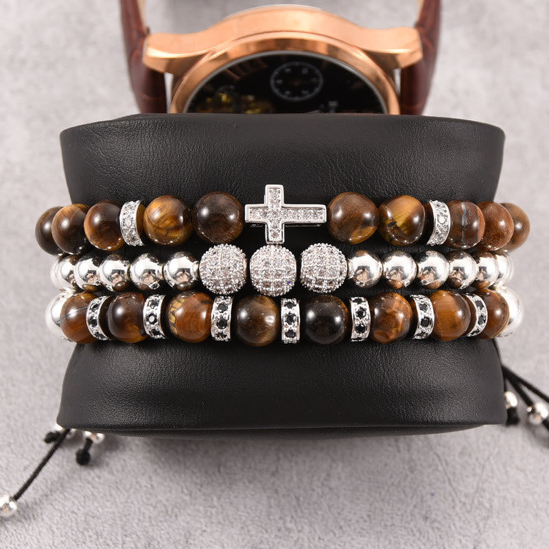 Olivenorma 3Pcs/Set Tiger Eye Stone Beaded Men Cross Bracelet