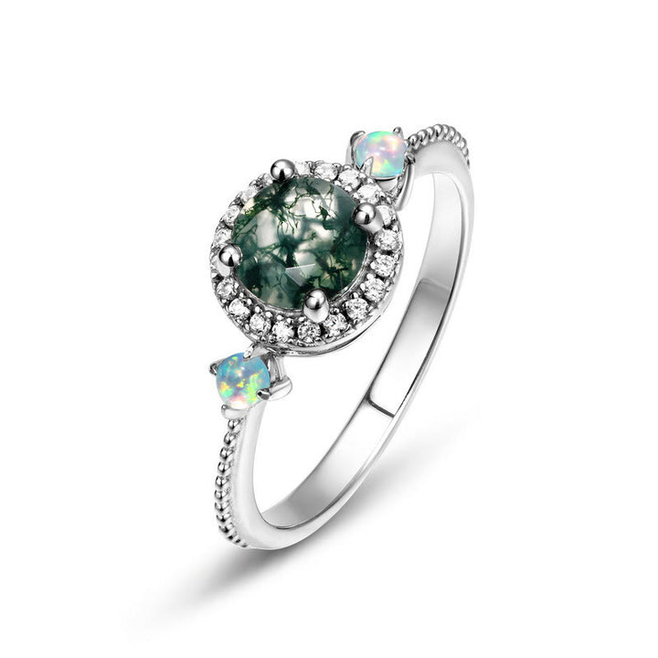Olivenorma Round Moss Agate Opal Light Luxury Ring