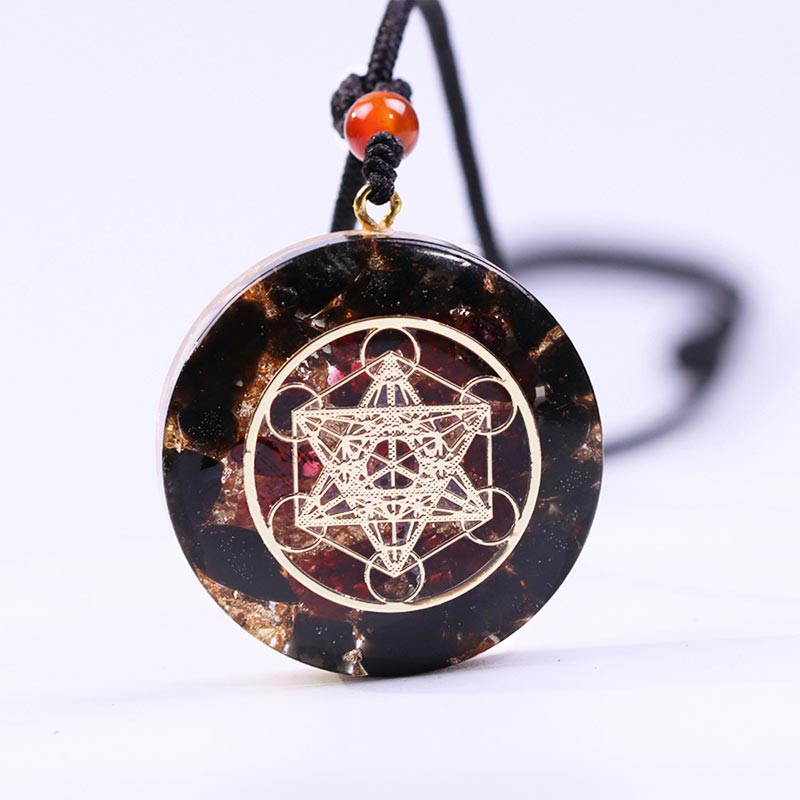 Olivenorma Obsidian And Garnet Metatron's Cube Symbol Necklace - image 1