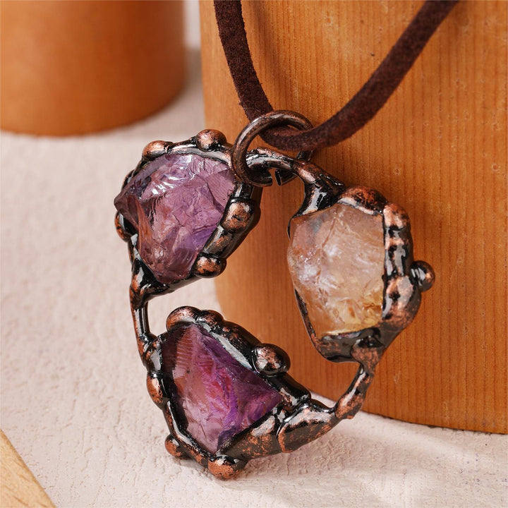 OlivenormaNatural Rough Stone Irregular Pendant Leather Rope Necklace