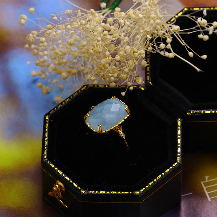 Olivenorma Large Square Aquamarine Black Onyx Vintage Ring