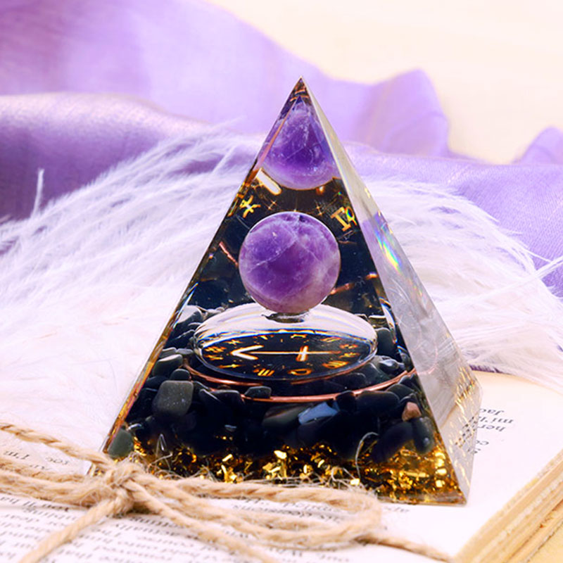 Olivenorma Amethyst Sphere With Obsidian Zodiac Sagittarius Orgone Pyramid