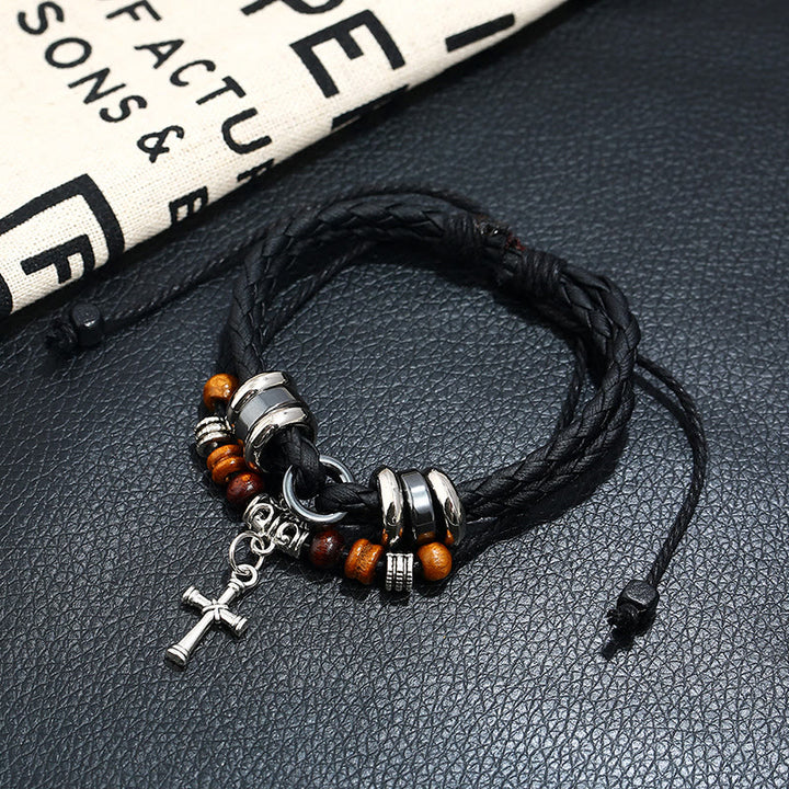 Olivenorma Adjustable Multi Layered Braided Woven Leather Cross Bracelet