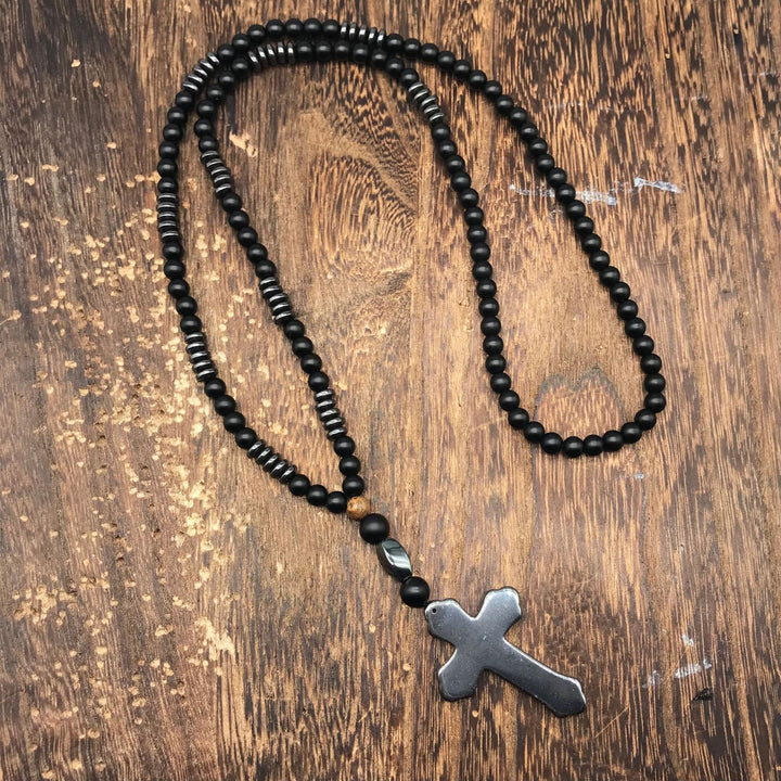 Olivenorma Wood Beads Stone Cross Pendant Rosary Necklace