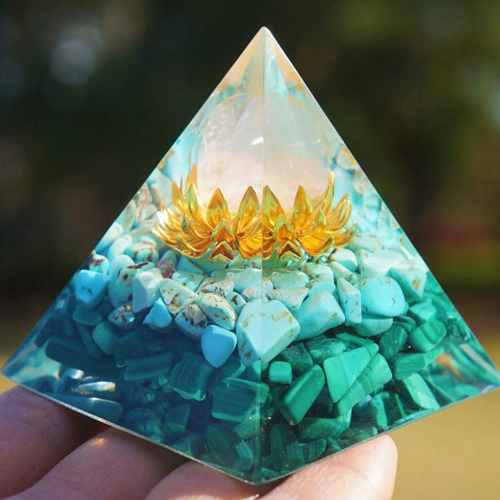 Clear Crystal Turquoise Malachite Lotus Symbol Orgone Pyramid