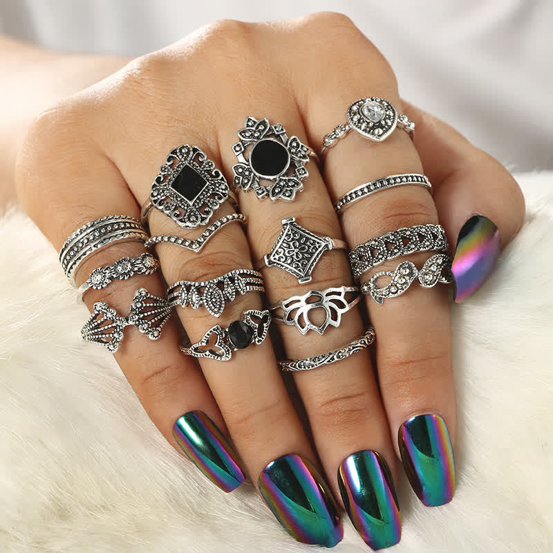 Olivenorma Vintage Obsidian 15 - Piece Ring Set
