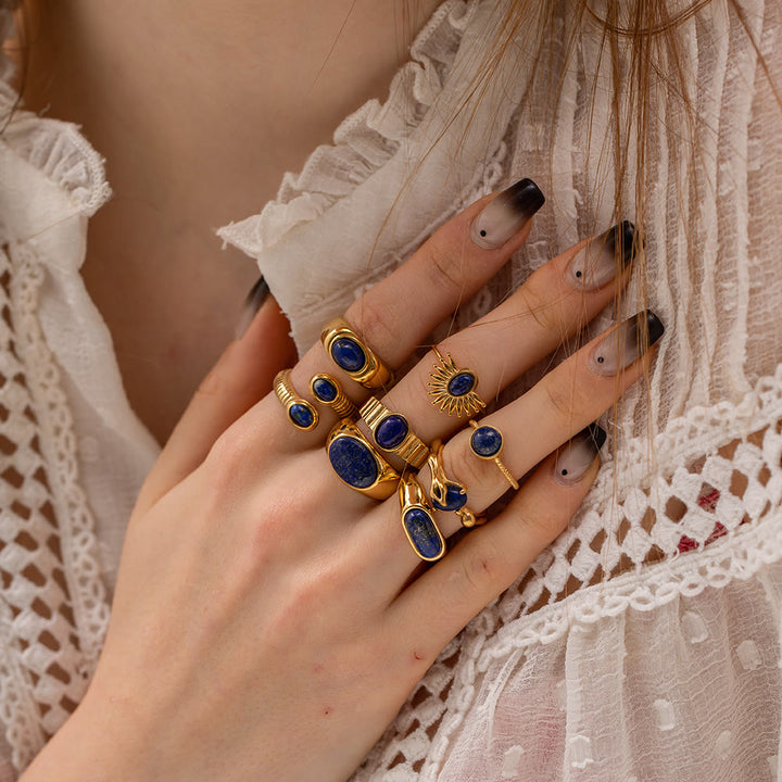 Olivenorma Court Vintage Titanium Steel Lapis Lazuli Ring Set