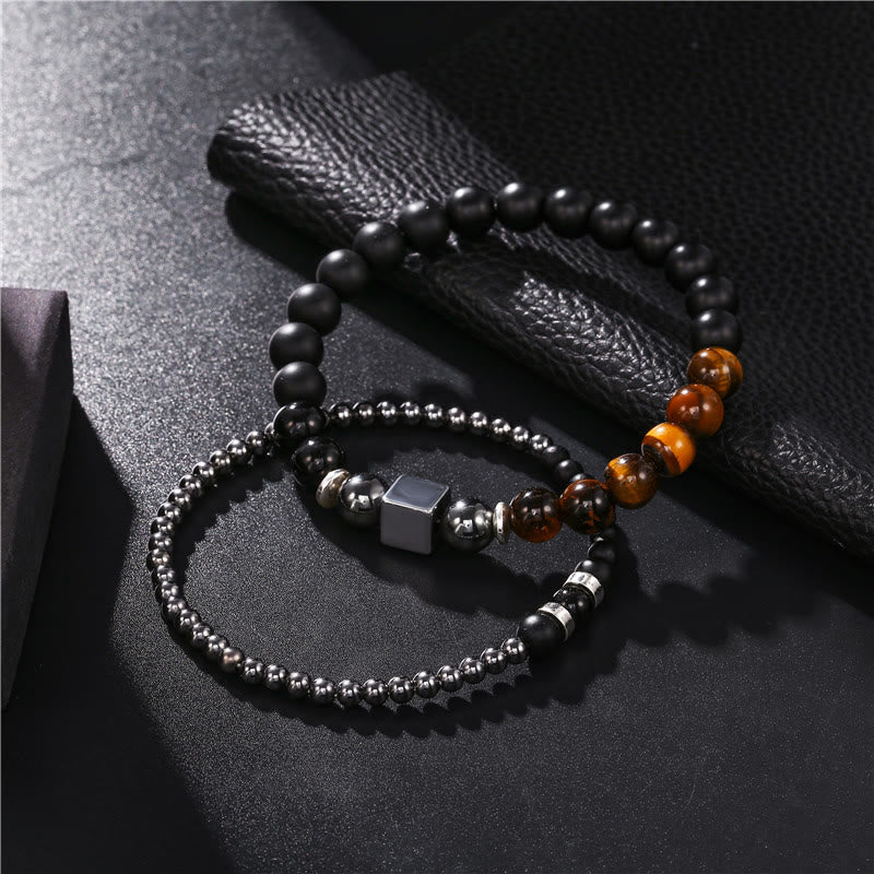 Olivenorma Frosted Tiger Eye Black Cube Stretch Bracelet Set