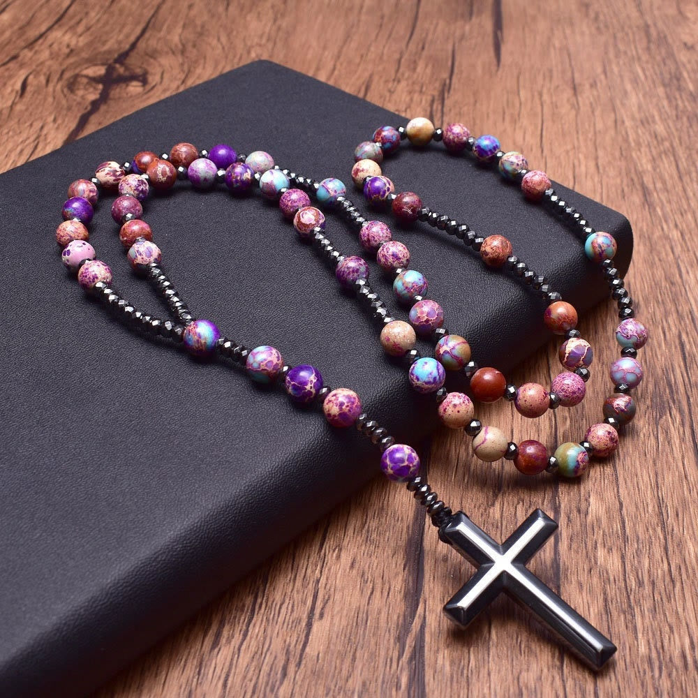 Olivenorma Natural Stone Cross Pandant Rosary Necklace