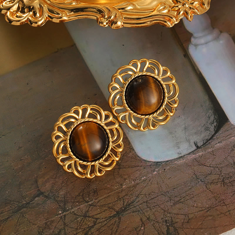 Olivenorma Tiger Eye Sunflower Gold Earrings