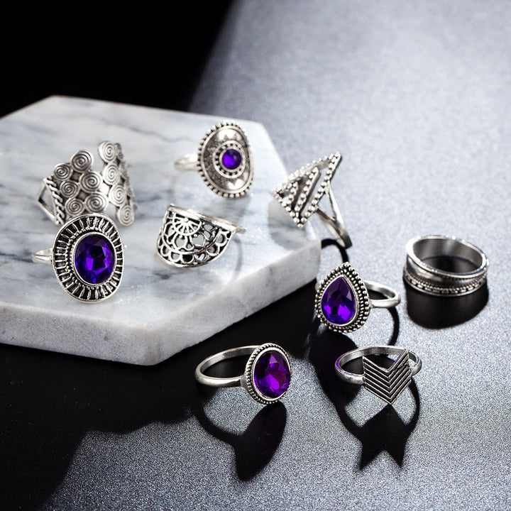 Olivenorma Vintage Purple Zircon Hollow 9 Piece Ring Set