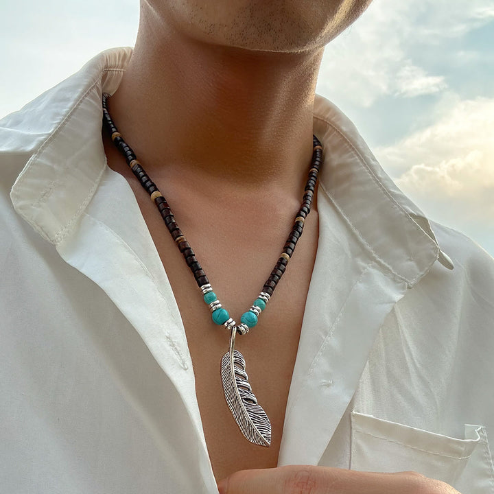 Olivenorma Turquoise Wooden Bead Feather Pendant Bohemian Necklace