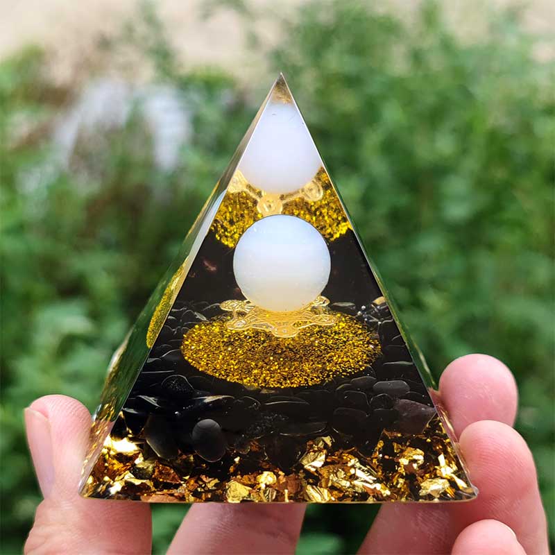 Olivenorma White Agate Sphere with Obsidian Orgone Pyramid